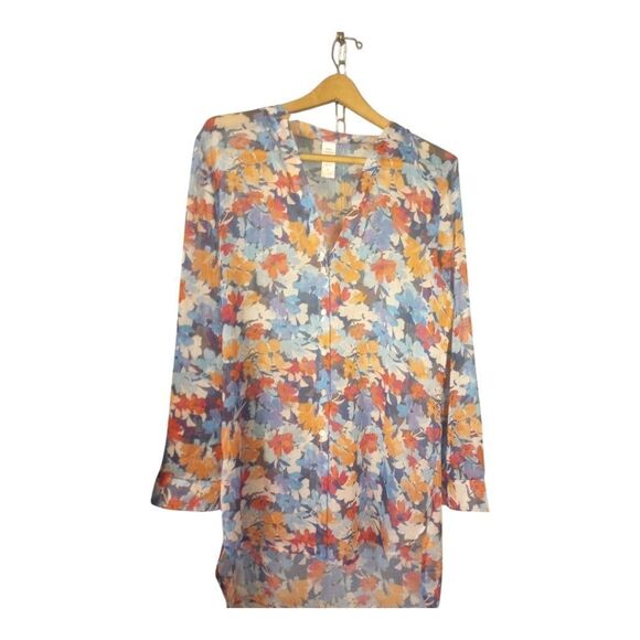 American Beach Sheer Floral Print Button Down Swim Suit Cover - Picture 1 of 10